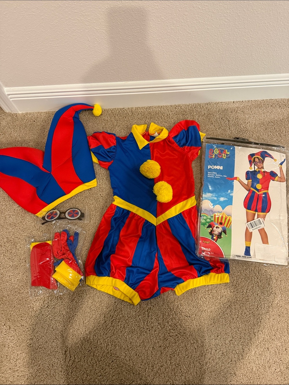 Pomni Red & Blue Jester Clown Costume with Pom-Pom Accents